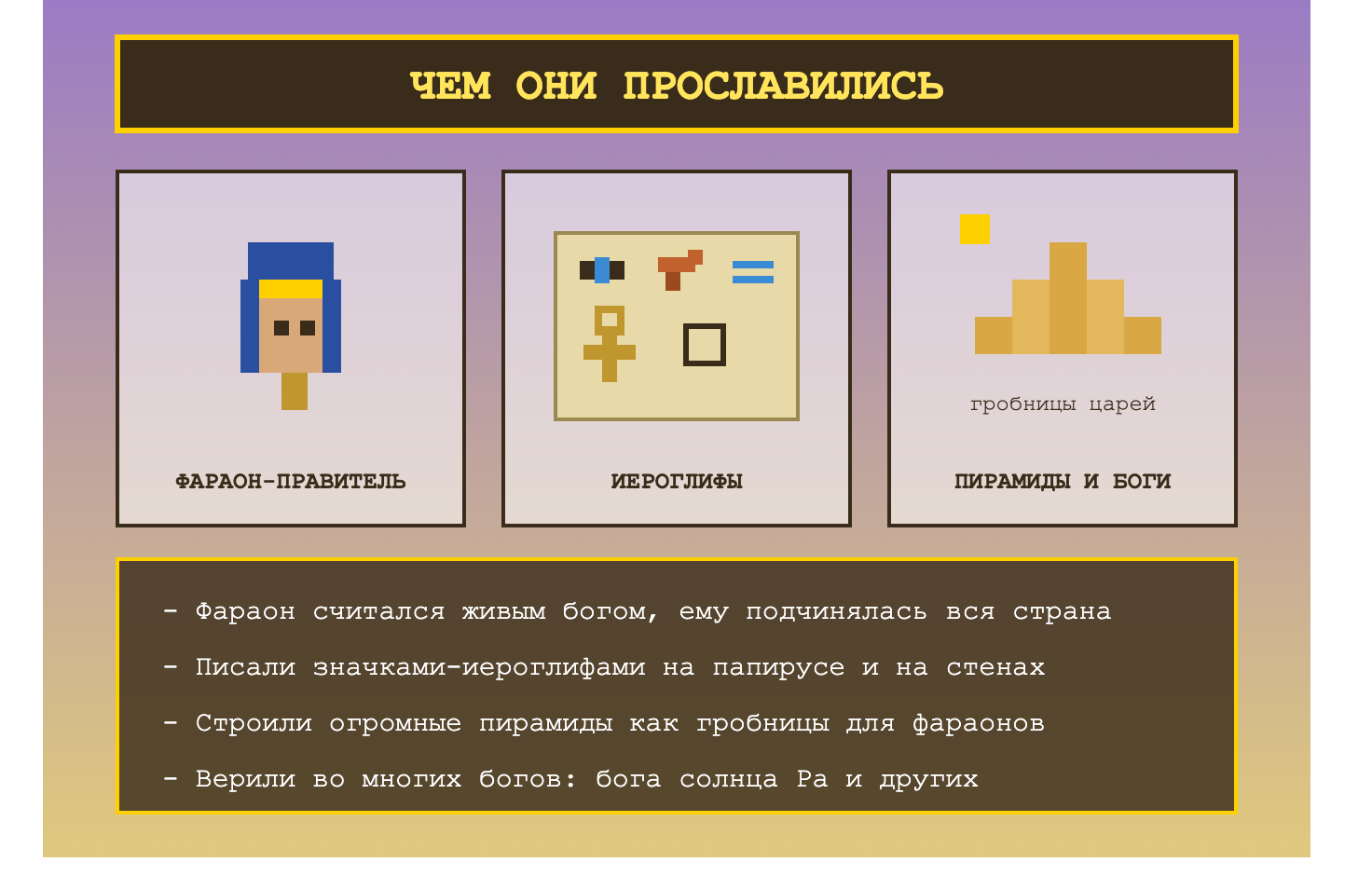 Слайд 3, чем они прославились, пиксельные иконки фараона, иероглифов и пирамид